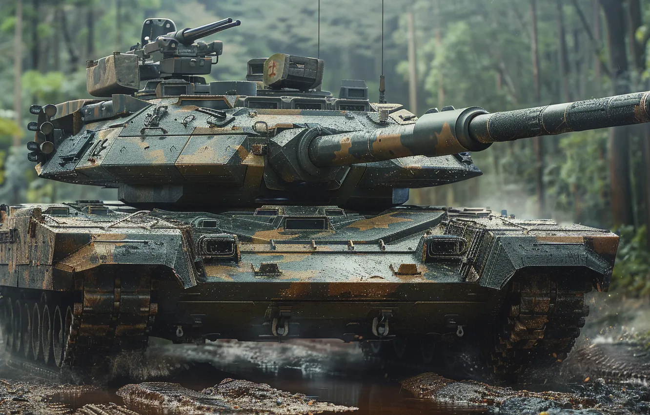 Photo wallpaper road, trees, dirt, tank, digital art, AI art, The Art of Artificial Intelligence, neural network