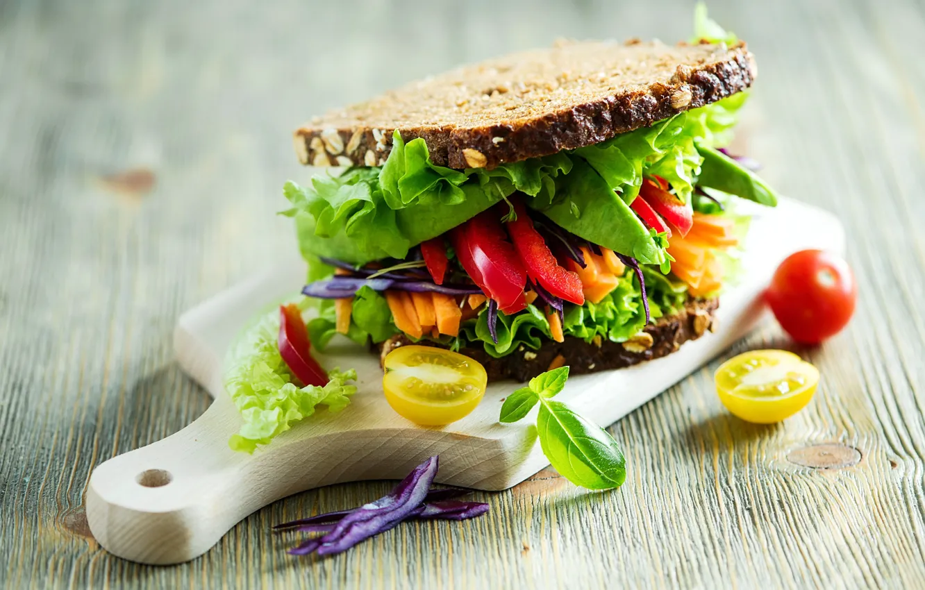 Photo wallpaper leaves, light, bread, Board, pepper, sandwich, vegetables, tomato