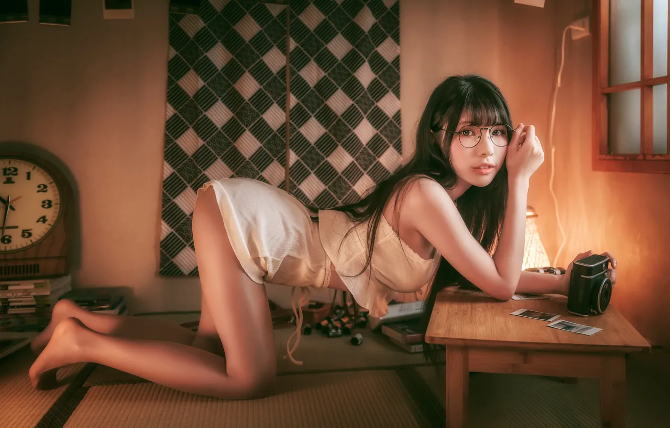 Photo wallpaper legs, model, women, asian, thighs, bent over, women with glasses, white tops