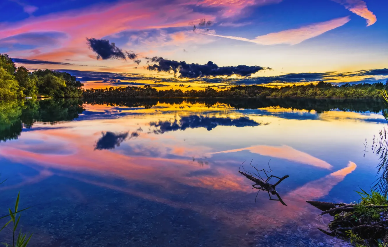 Photo wallpaper Sunset, The sky, Water, Nature, Clouds, Reflection, The evening, Trees