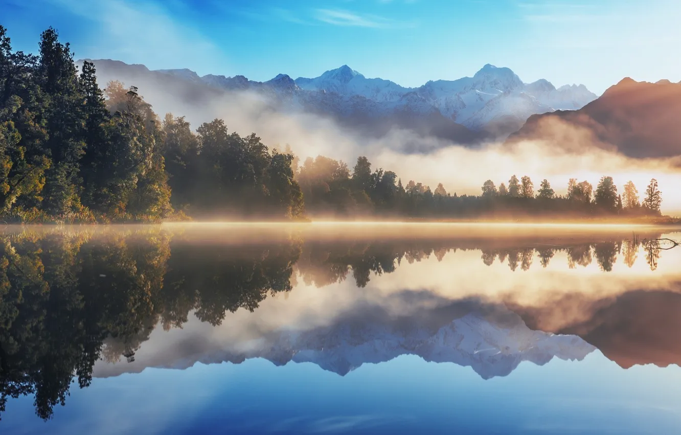 Photo wallpaper Reflection, Mountains, Fog, Lake, Morning, Dawn, Water Mirror