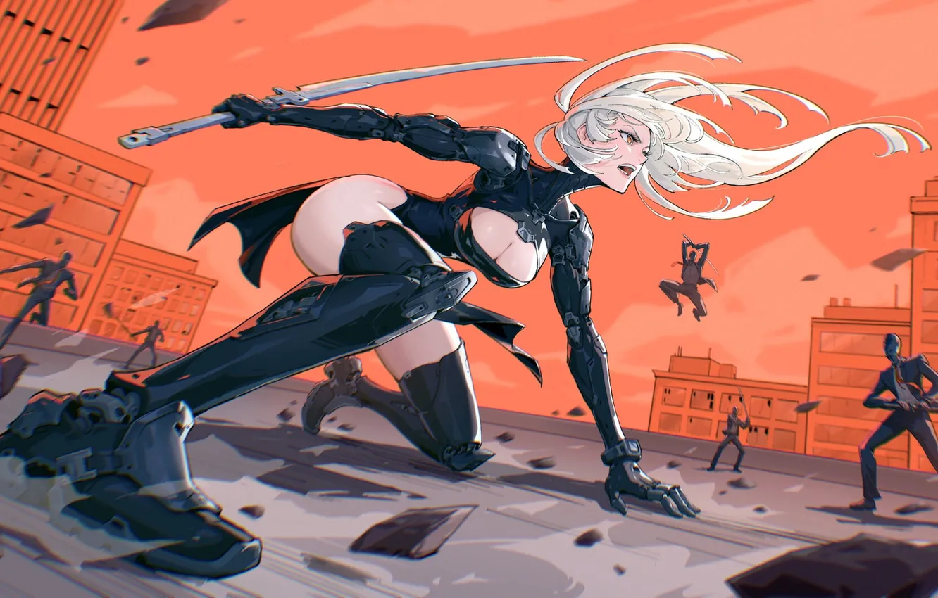 Photo wallpaper girl, sword, fantasy, cleavage, weapon, digital art, fighting, artwork