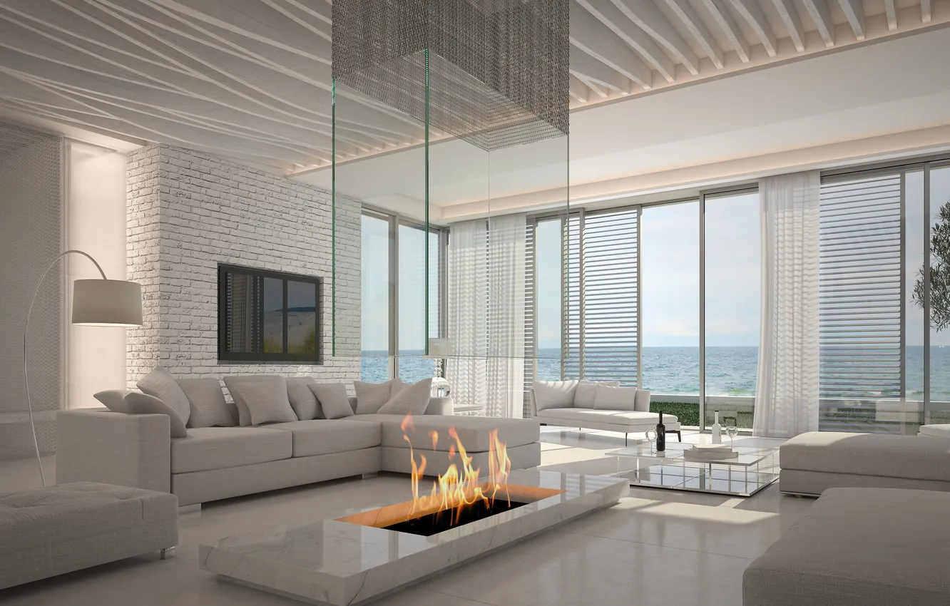 Photo wallpaper fire, flame, house, design, lifestyle, Large, interior, home