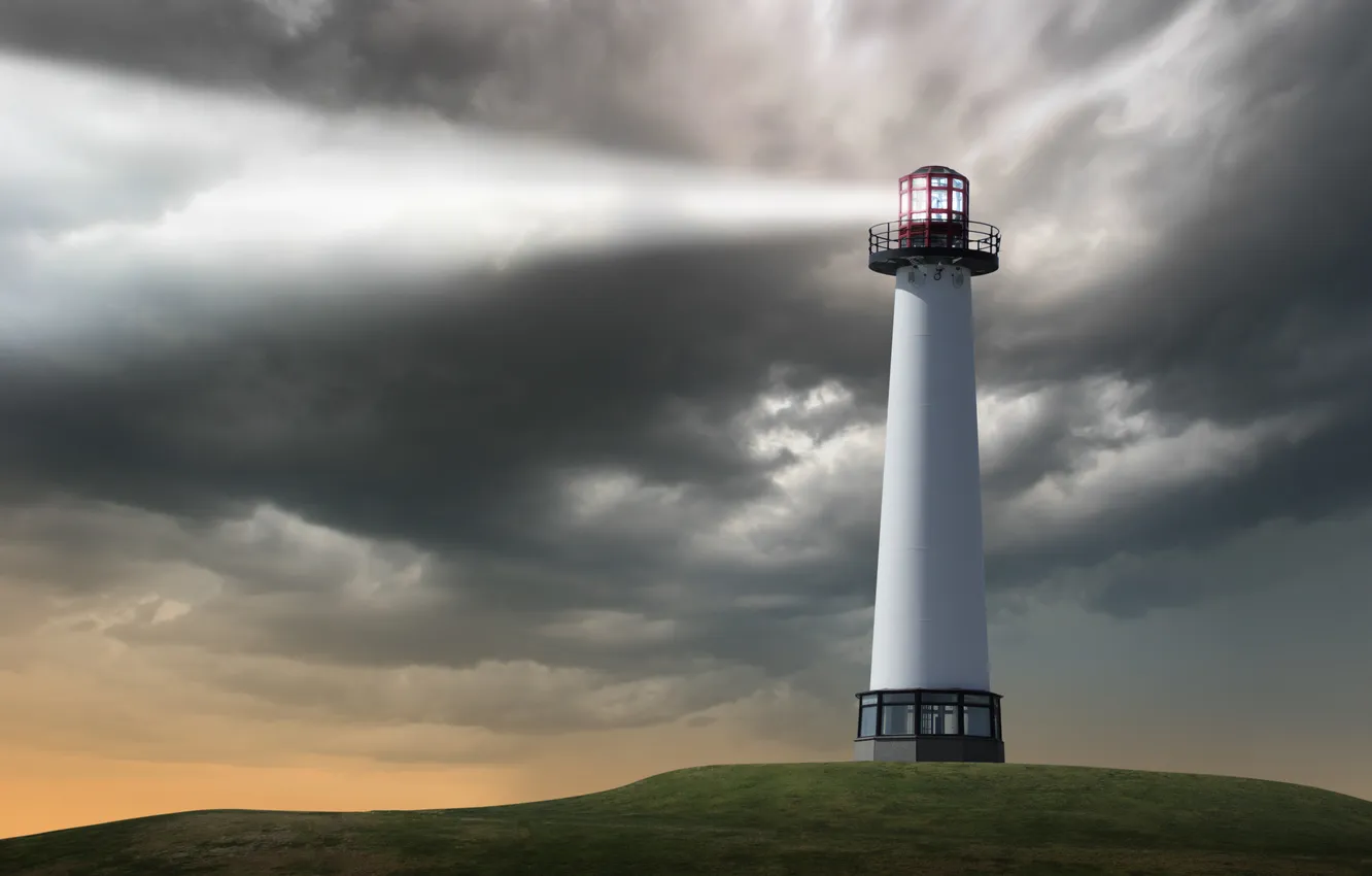 Photo wallpaper the sky, rays, sunset, clouds, hills, lighthouse, the evening, spotlight