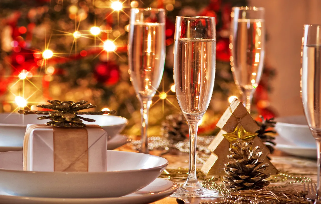 Photo wallpaper holiday, gift, tree, glasses, champagne, herringbone, bump, Christmas lights