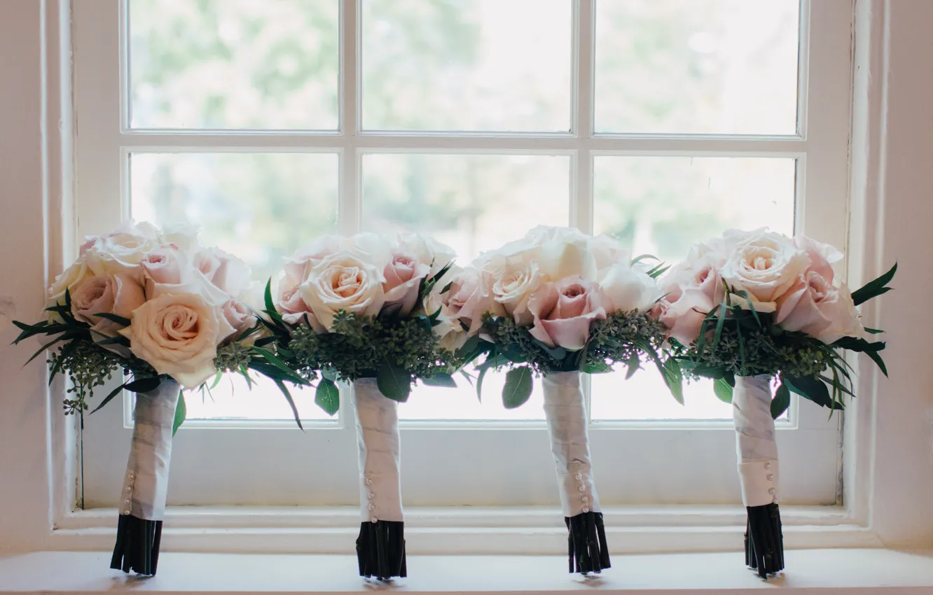 Photo wallpaper flowers, roses, window, wedding, bouquets