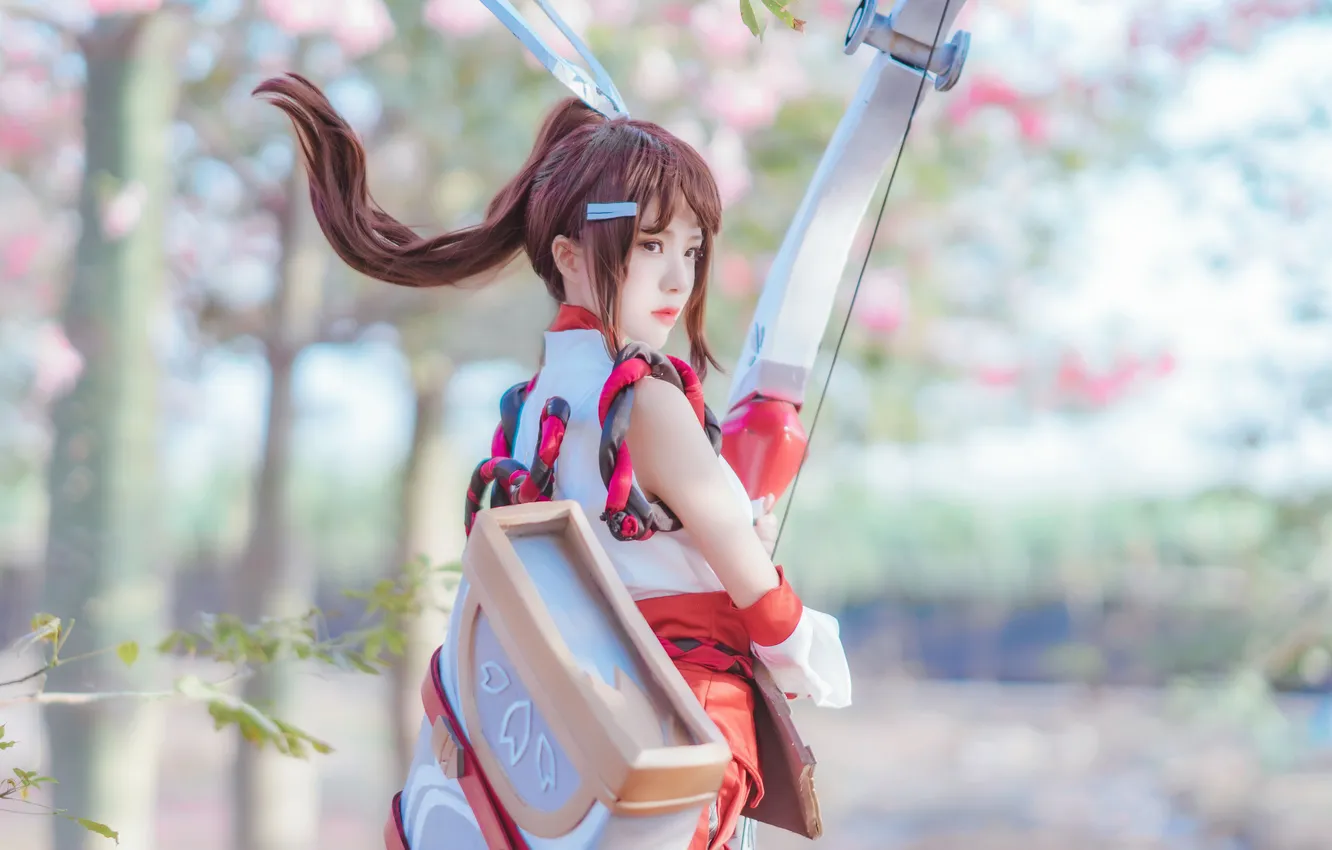 Photo wallpaper trees, pose, weapons, model, Asian, beauty, red hair, on the street