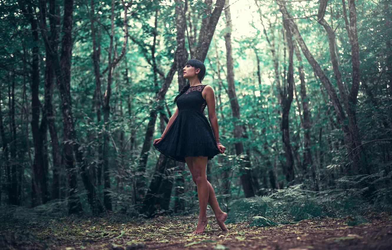 Photo wallpaper girl, forest, dress, legs, trees, woman, model, mood