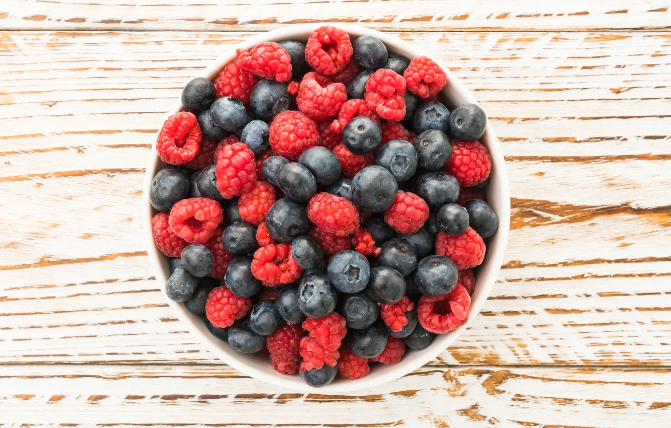 Photo wallpaper berries, raspberry, Board, blueberries, bowl, light background, different, a lot