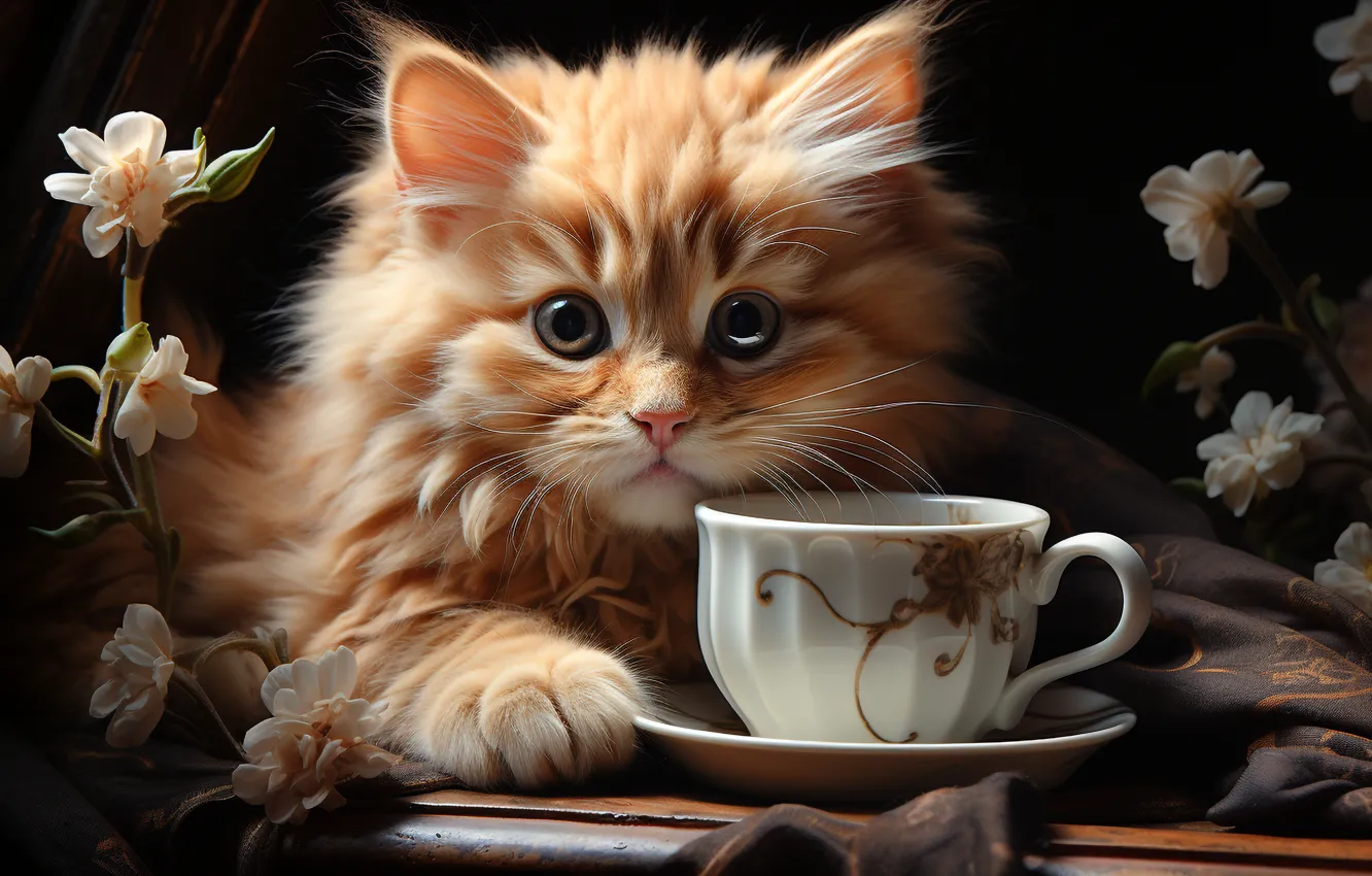 Photo wallpaper cat, look, light, flowers, pose, the dark background, table, portrait