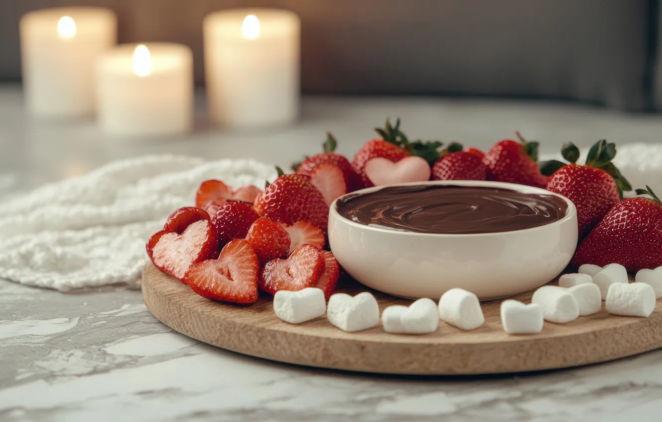 Photo wallpaper berries, strawberry, cake, cream, dessert, marshmallows, chocolate syrup, AI art