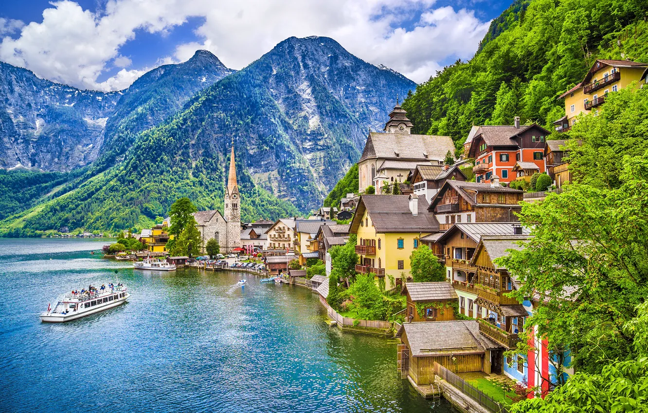 Photo wallpaper mountains, lake, ship, home, Austria, Hallstatt, Hallstatt