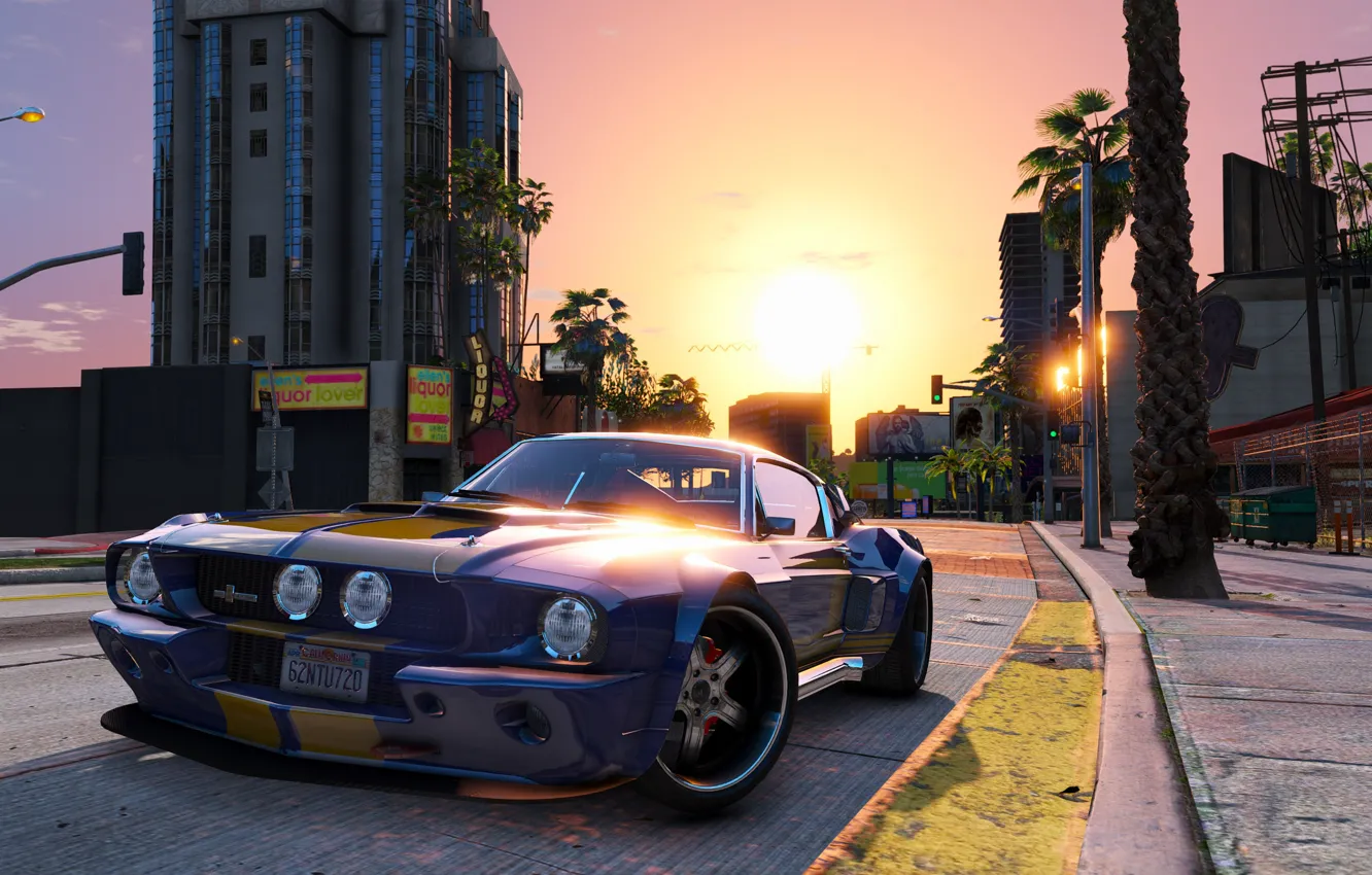 Photo wallpaper the city, street, Mustang, car, Grand Theft Auto V, Rockstar Games, GTA V.