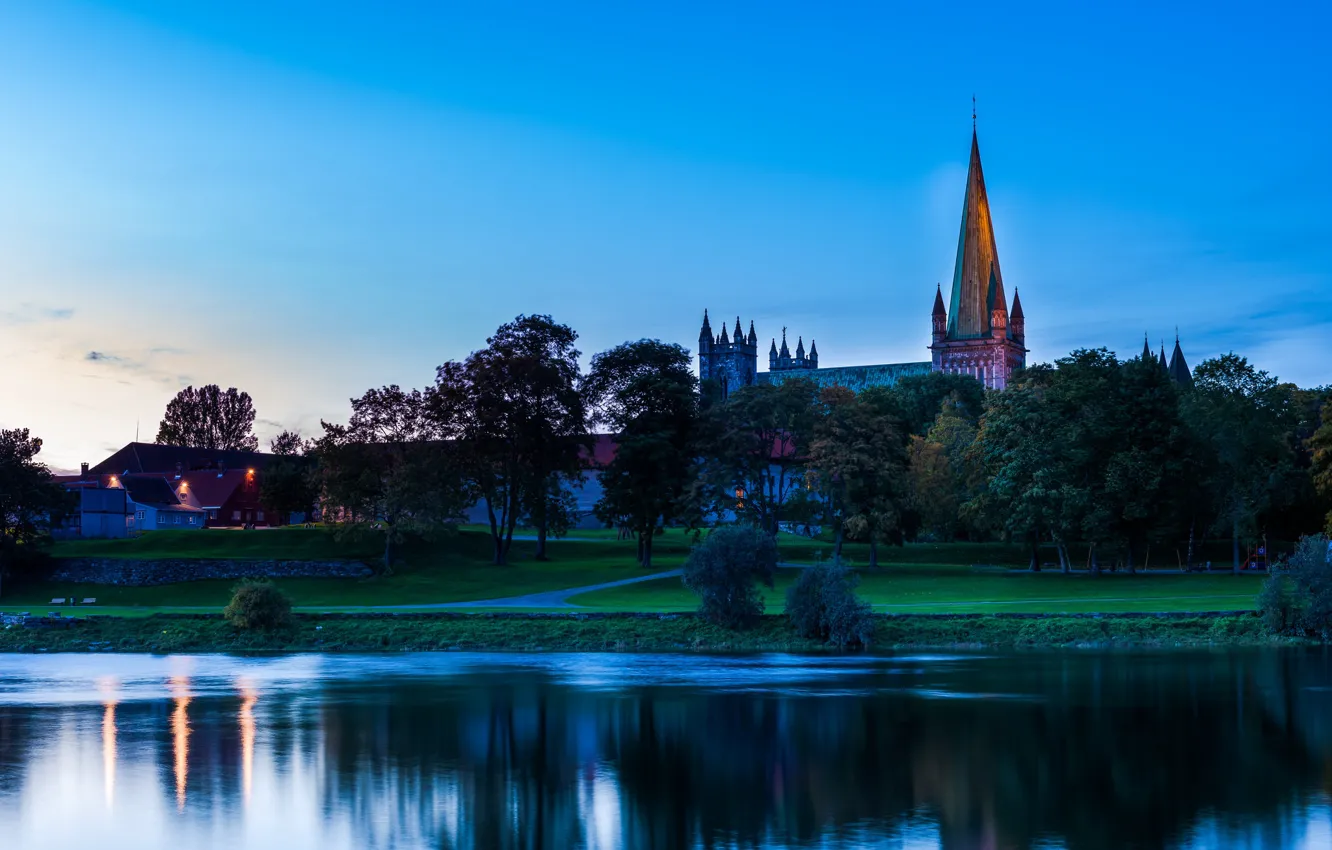 Photo wallpaper river, the evening, Norway, Cathedral, Norway, Trondheim, Trondheim, Sor-Trondelag