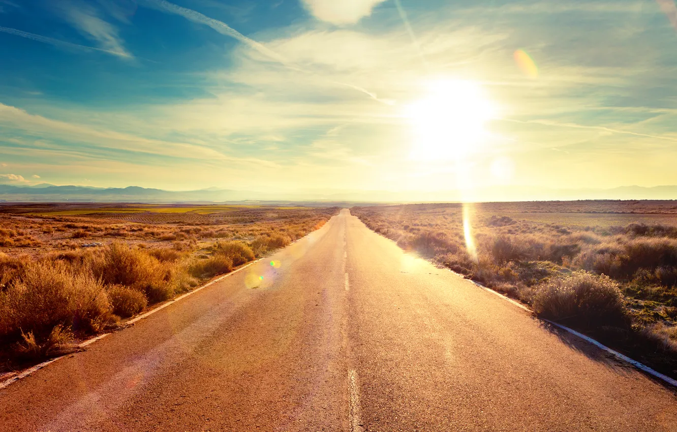Photo wallpaper road, the sky, grass, asphalt, the sun, landscape, vacation, morning