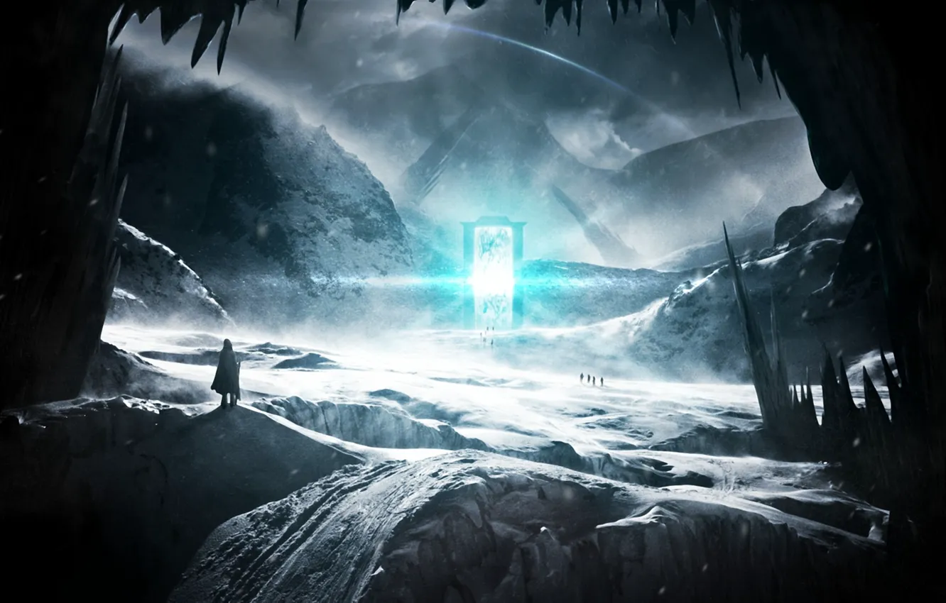 Photo wallpaper cold, snow, landscape, mountains, rocks, people, the door, sharp