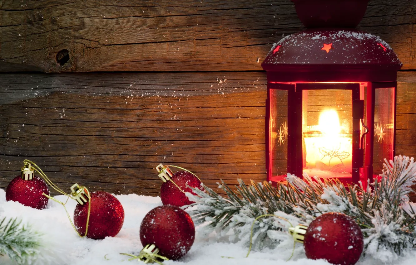 Photo wallpaper winter, snow, red, background, fire, holiday, balls, Wallpaper