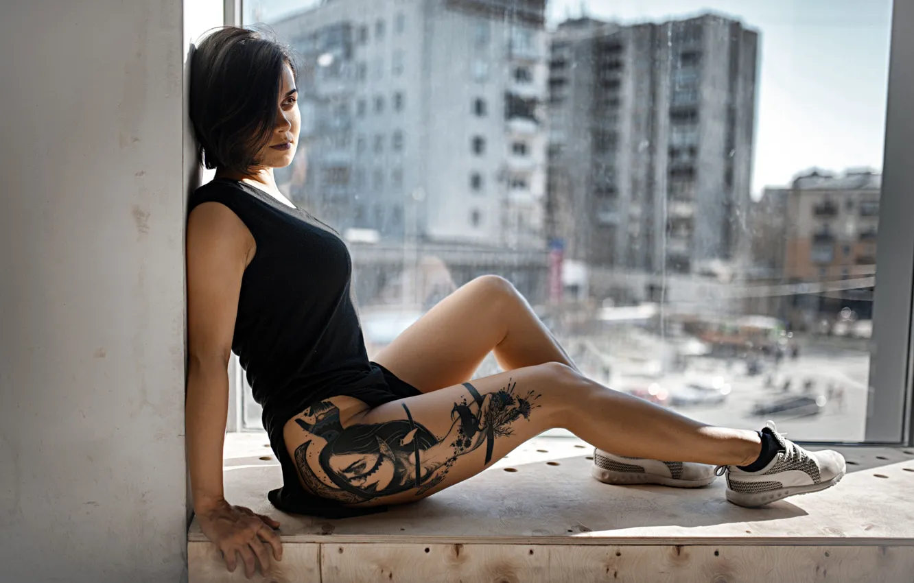 Photo wallpaper pose, model, makeup, figure, dress, brunette, tattoo, window