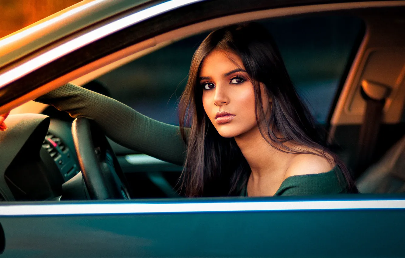 Photo wallpaper look, pose, model, portrait, makeup, brunette, hairstyle, driving