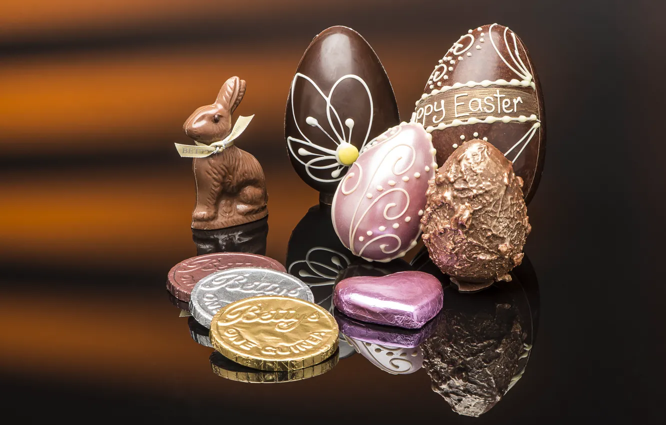 Photo wallpaper chocolate, hare, eggs, candy, Easter, coins
