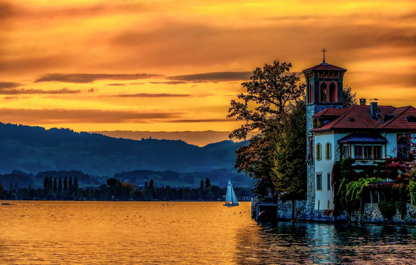 Photo wallpaper trees, sunset, mountains, lake, house, the building, yacht, Switzerland