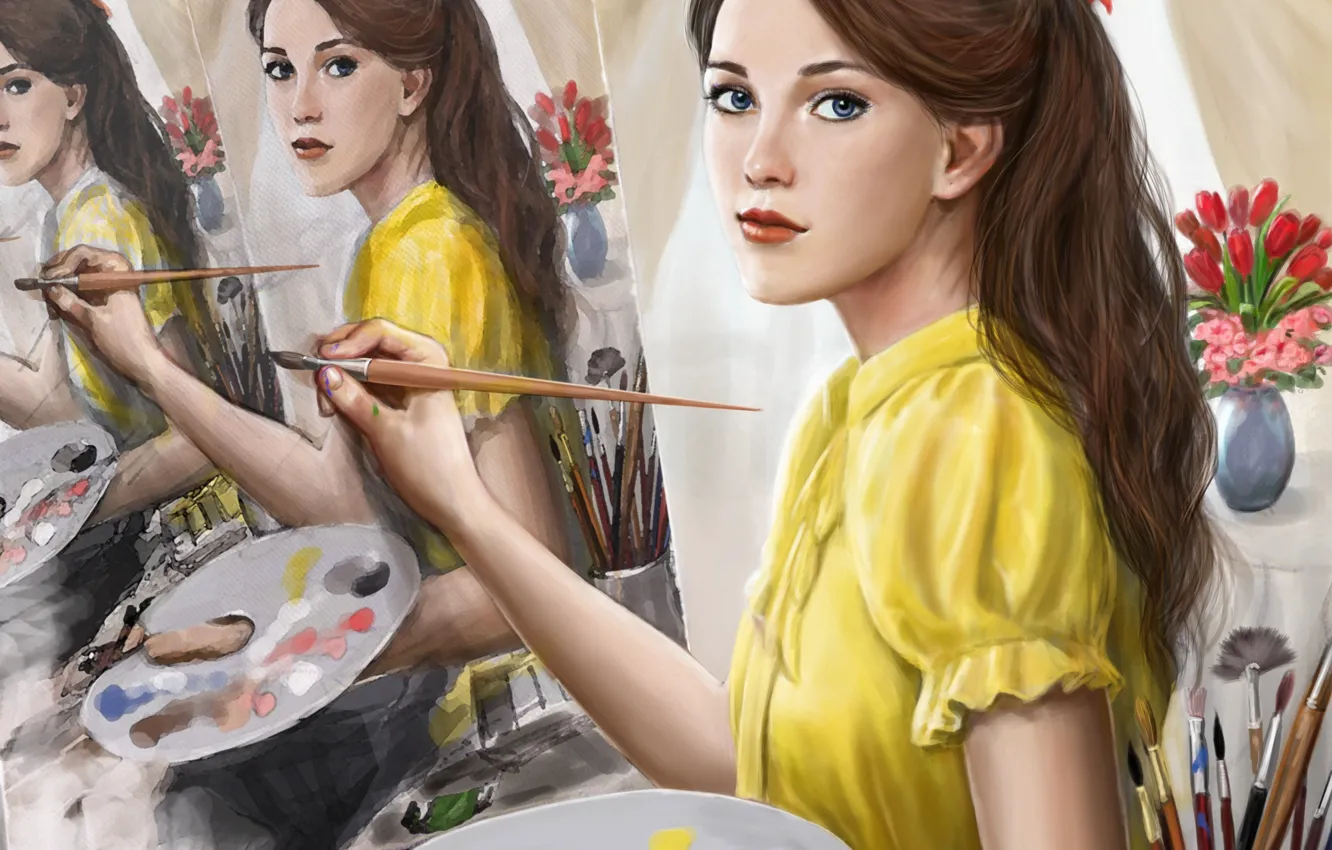 Photo wallpaper look, girl, paint, hair, picture, art, painting, brush