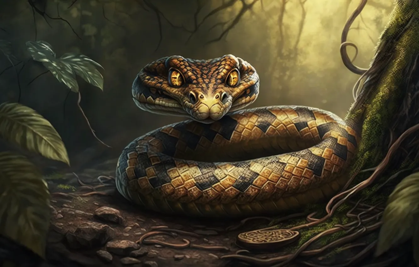 Photo wallpaper eyes, look, face, trees, branches, animal, danger, snake