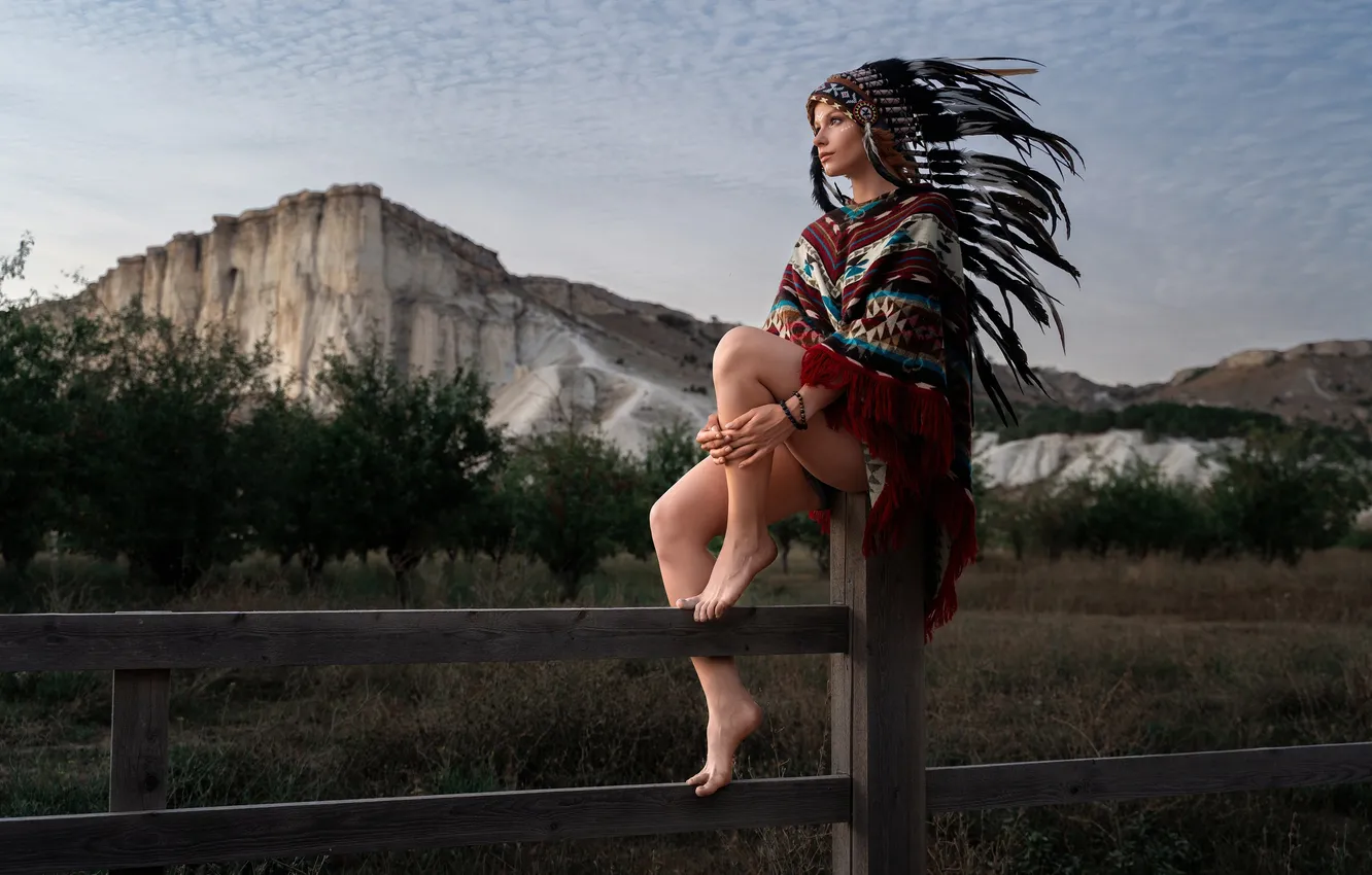 Photo wallpaper girl, pose, the fence, feathers, legs, roach, Anastasia Zhilina, Alexander Chuprina