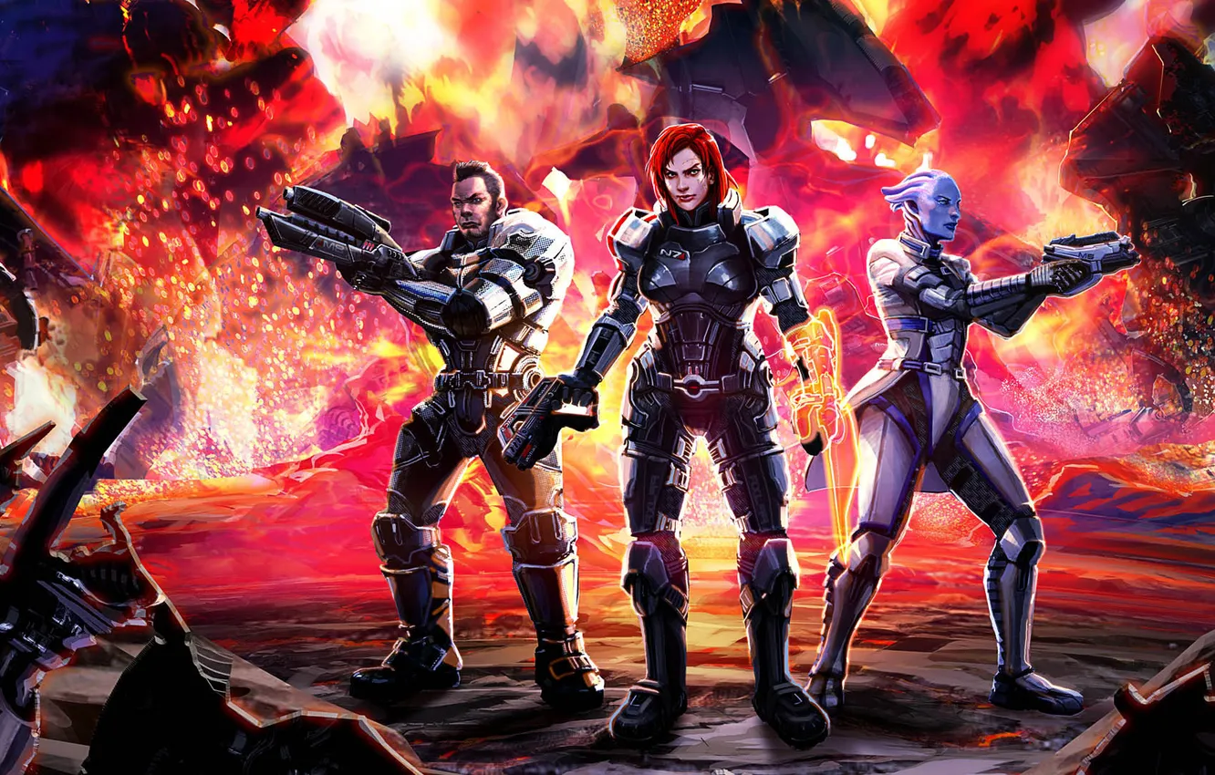 Photo wallpaper the explosion, weapons, man, art, mass effect, shepard, Liara, liara