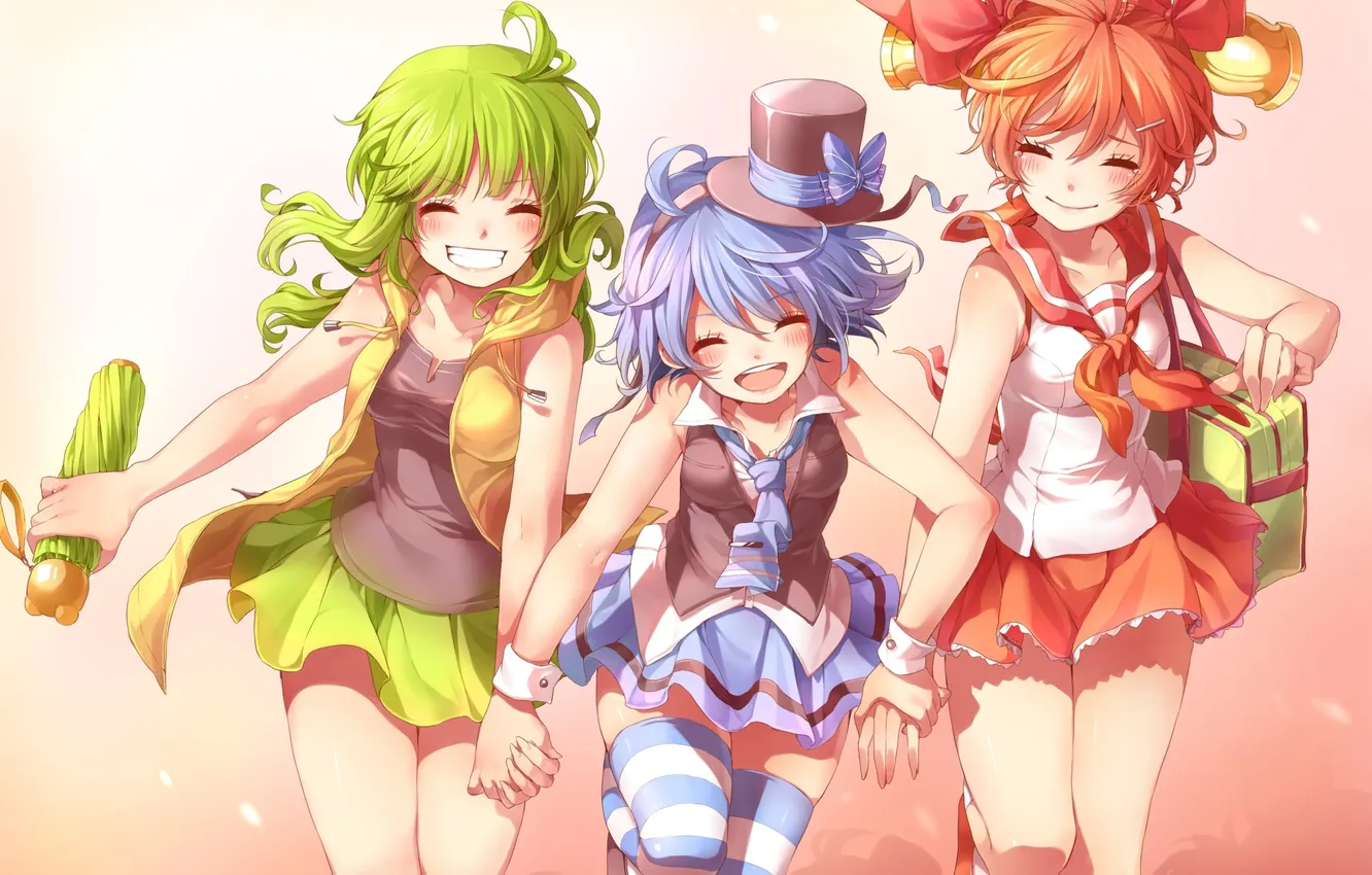 Photo wallpaper girl, hat, umbrella, anime, art, bag, bow, bells