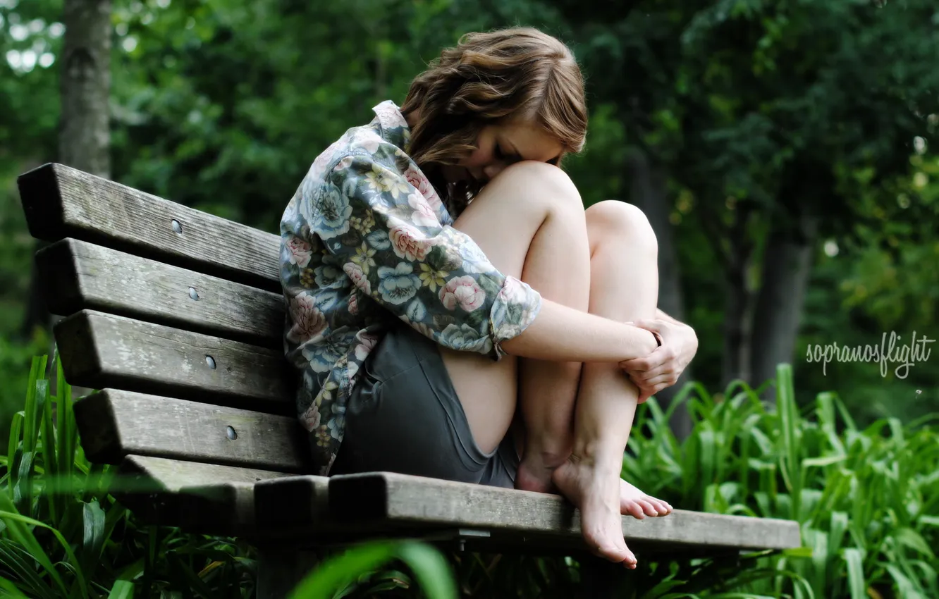 Photo wallpaper girl, mood, bench