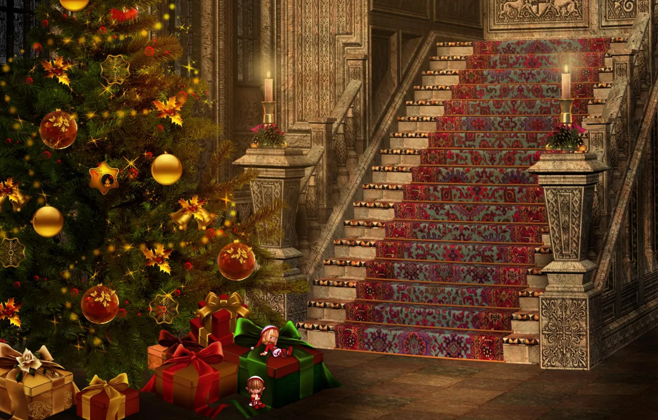 Photo wallpaper holiday, gift, carpet, tree, candles, ladder