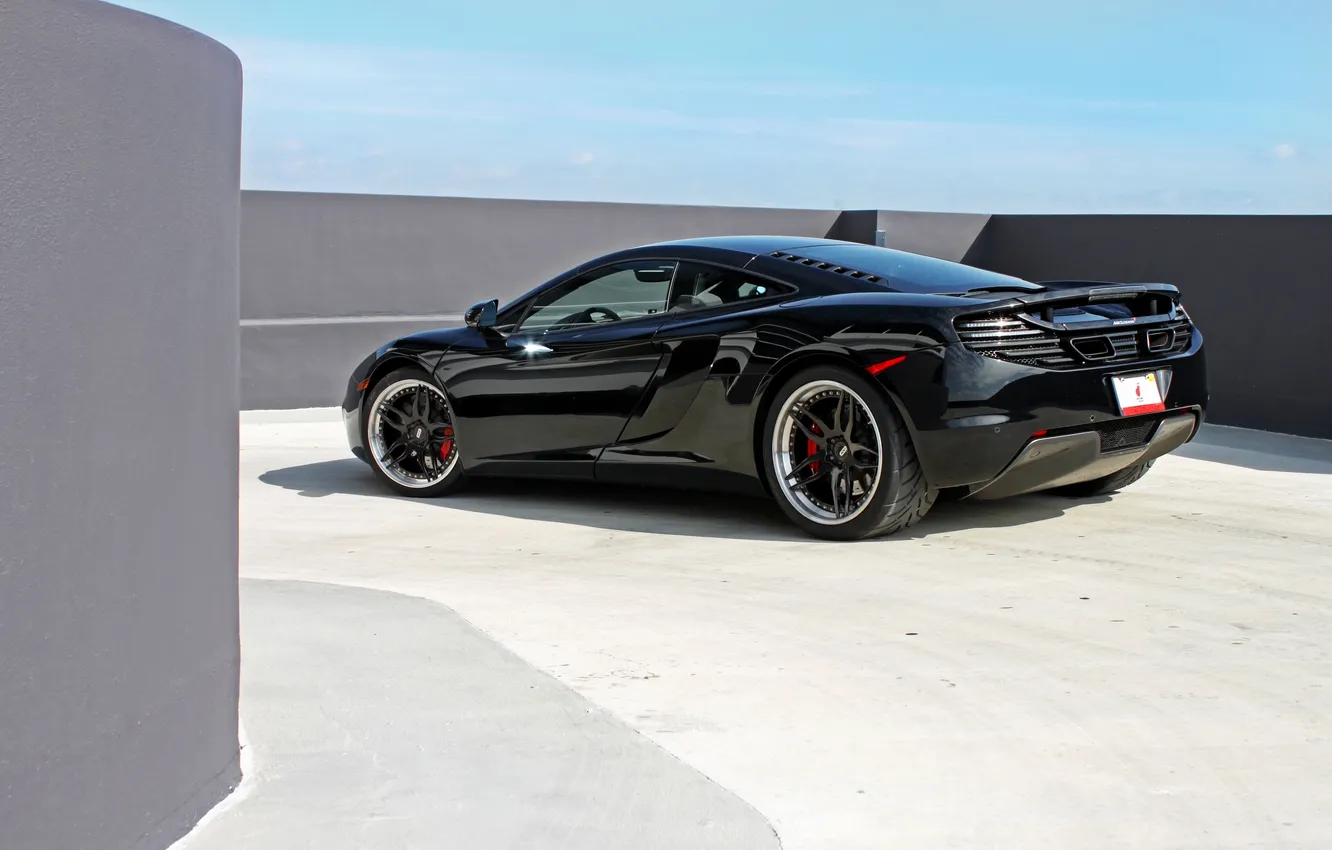 Photo wallpaper the sky, clouds, reflection, black, McLaren, shadow, black, rear view
