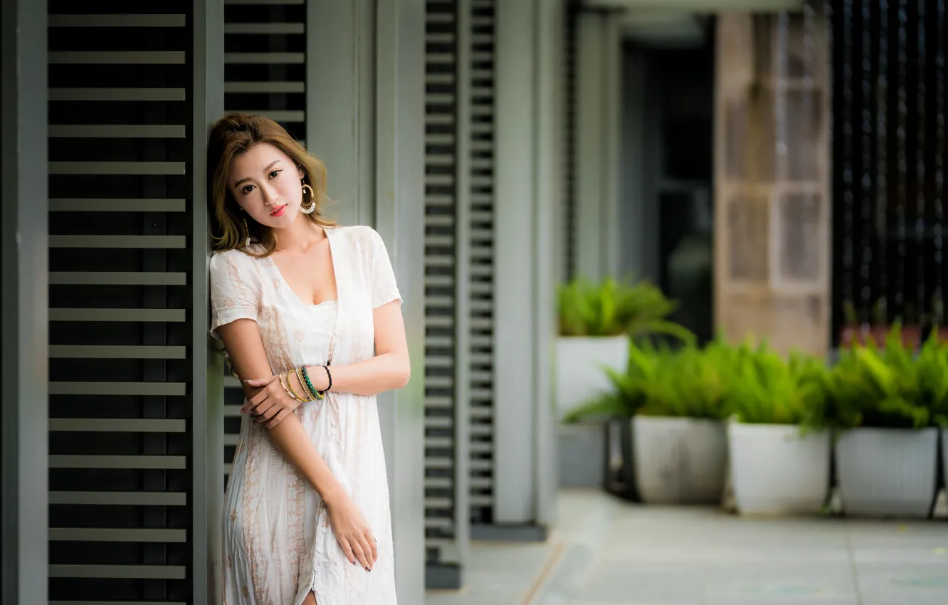 Photo wallpaper look, pose, sweetheart, dress, Asian, bokeh