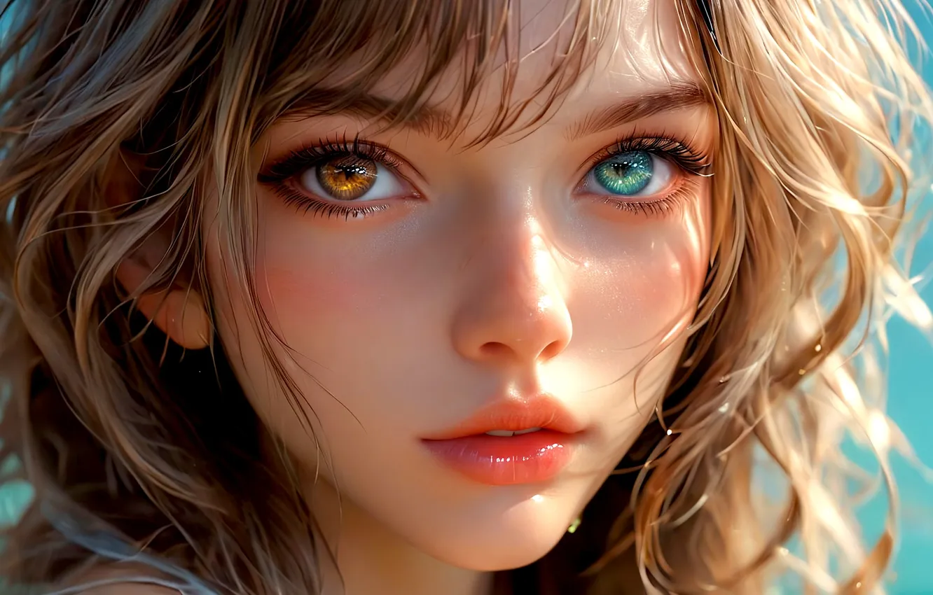 Photo wallpaper Girl, water drops, face, blonde, digital art, artwork, closeup, heterochromia