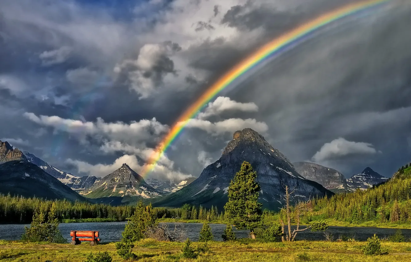 Photo wallpaper forest, the sky, mountains, river, rainbow, shop