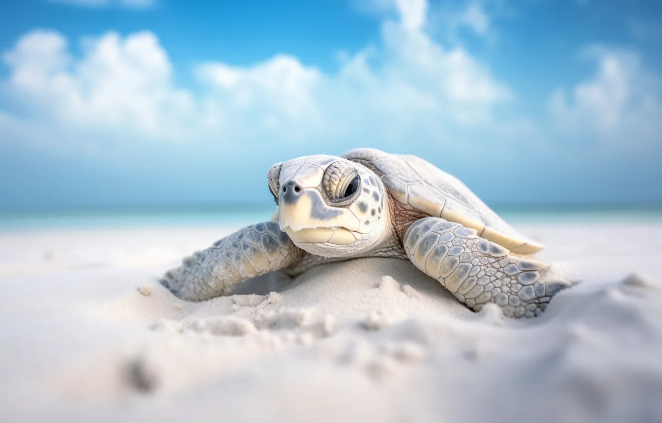 Photo wallpaper sea, shore, turtle, sea turtle, AI art, neural network