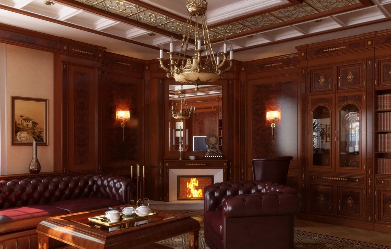 Photo wallpaper design, style, room, Villa, interior, fireplace, living room