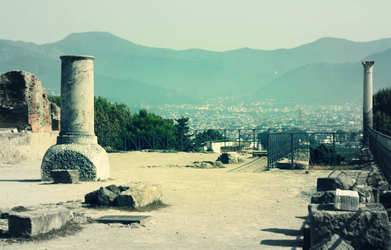 Photo wallpaper trees, mountains, stones, column, Italy, Pompeii, pompei