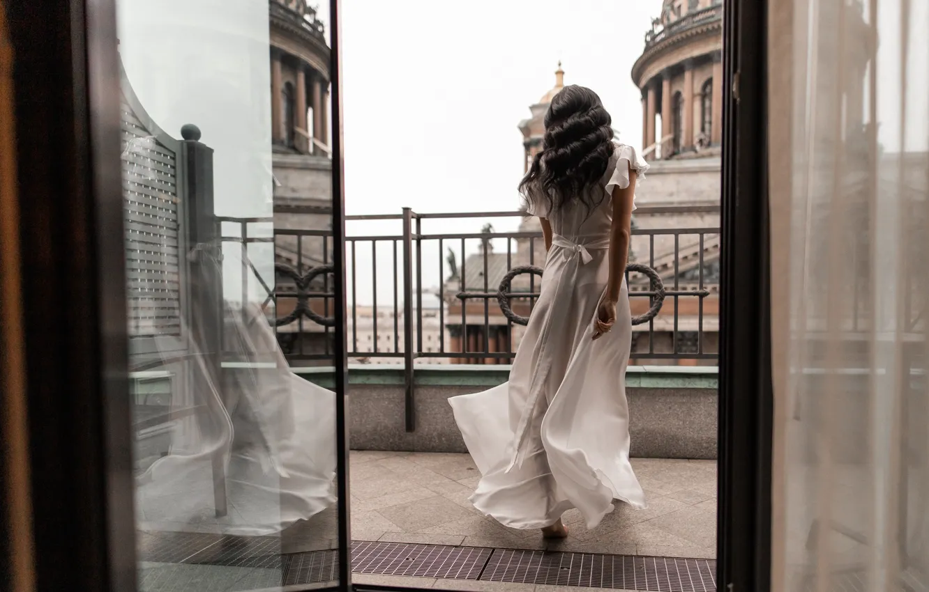 Photo wallpaper girl, dress, brunette, balcony, curls, Julia Semenova