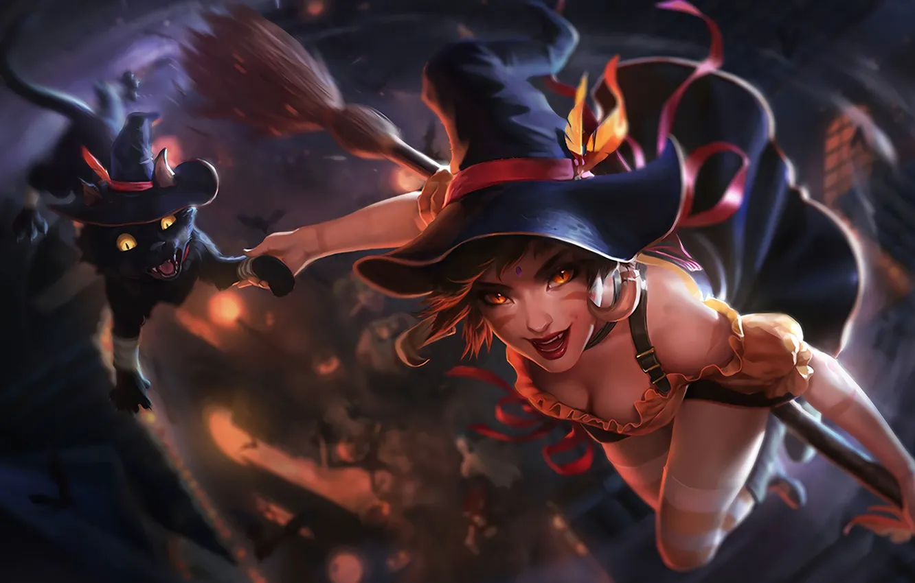 Photo wallpaper flight, night, Halloween, witch, broom, Halloween, black cat, League of Legends