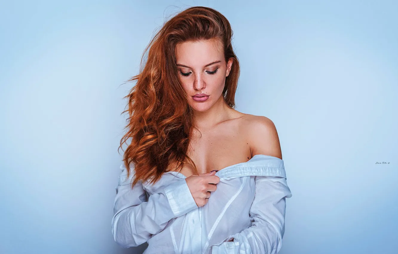 Photo wallpaper girl, background, hair, portrait, red, shoulders, redhead, closed eyes