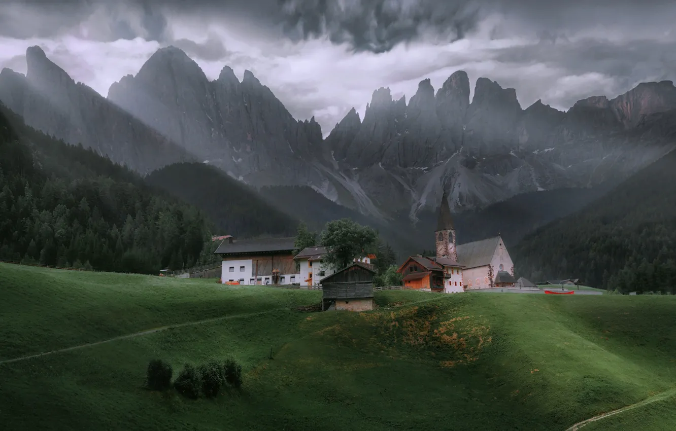Photo wallpaper landscape, mountains, clouds, nature, hills, home, Italy, Church