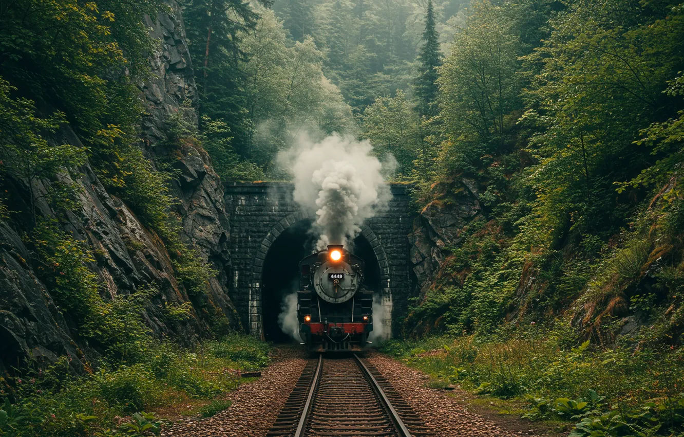 Photo wallpaper the engine, railroad, tunnel