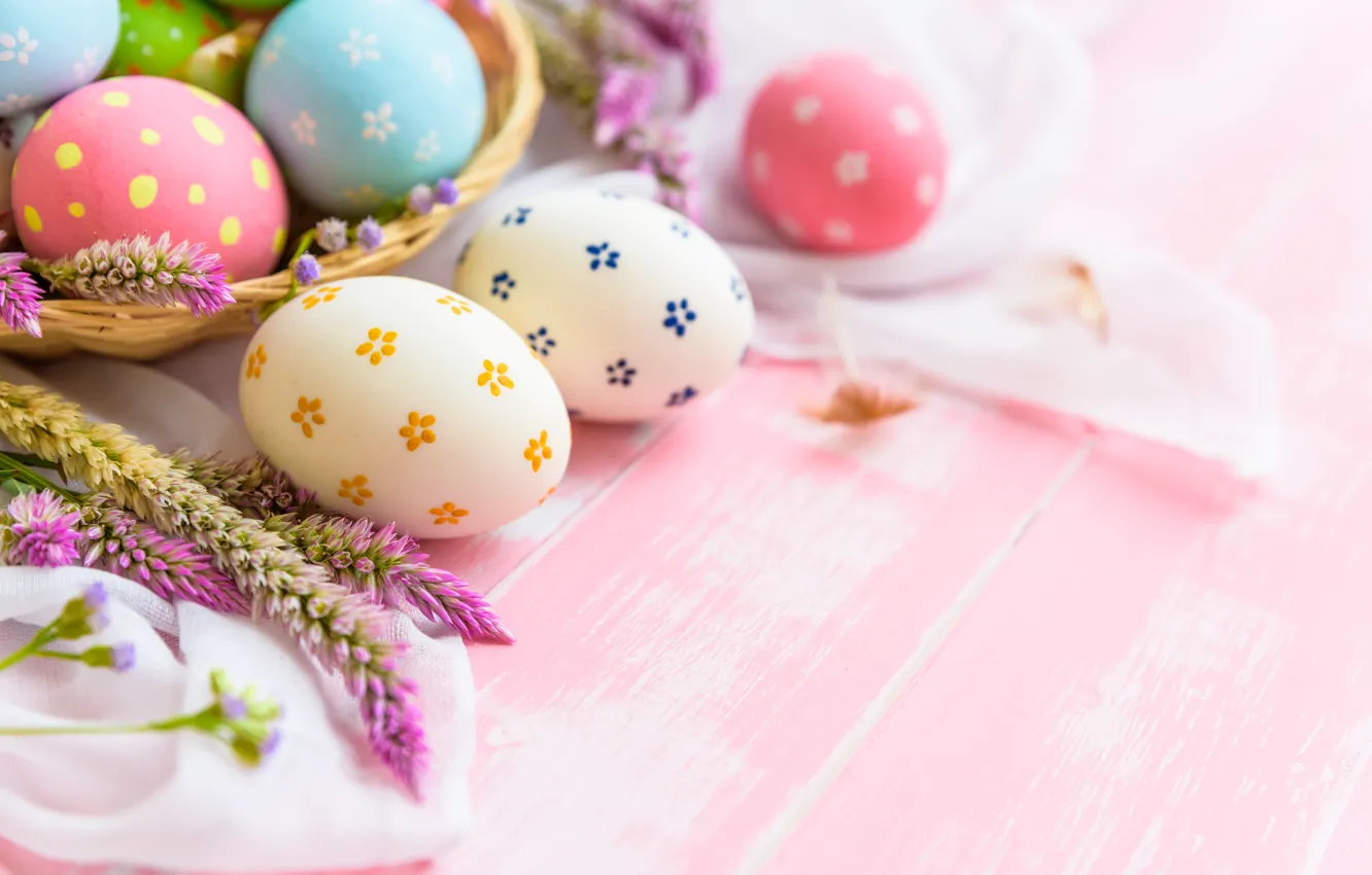 Photo wallpaper flowers, holiday, eggs, spring, Easter, basket