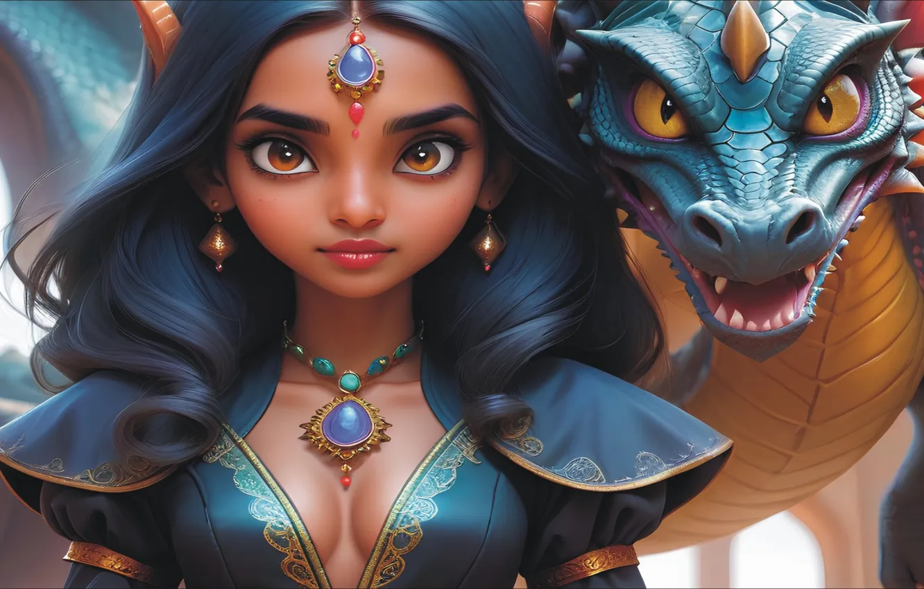 Photo wallpaper girl, render, two, dragon, Fantastic art