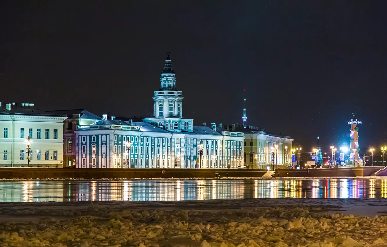 Photo wallpaper winter, snow, night, lights, river, building, home, lights