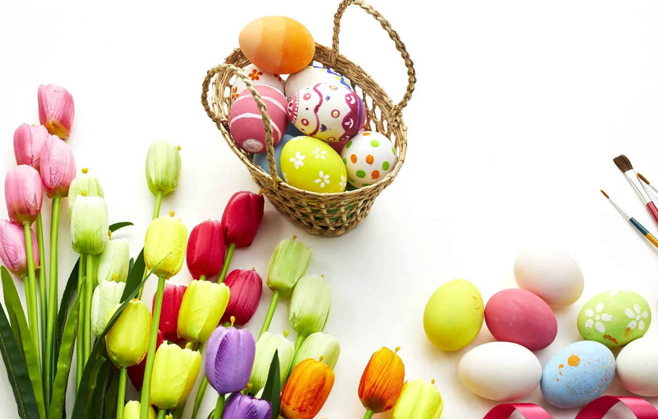 Photo wallpaper flowers, eggs, spring, colorful, Easter, tulips, wood, flowers