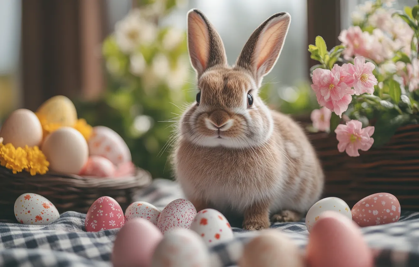 Photo wallpaper look, flowers, holiday, eggs, spring, rabbit, Easter, face
