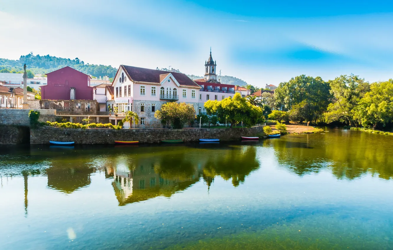 Photo wallpaper river, boat, building